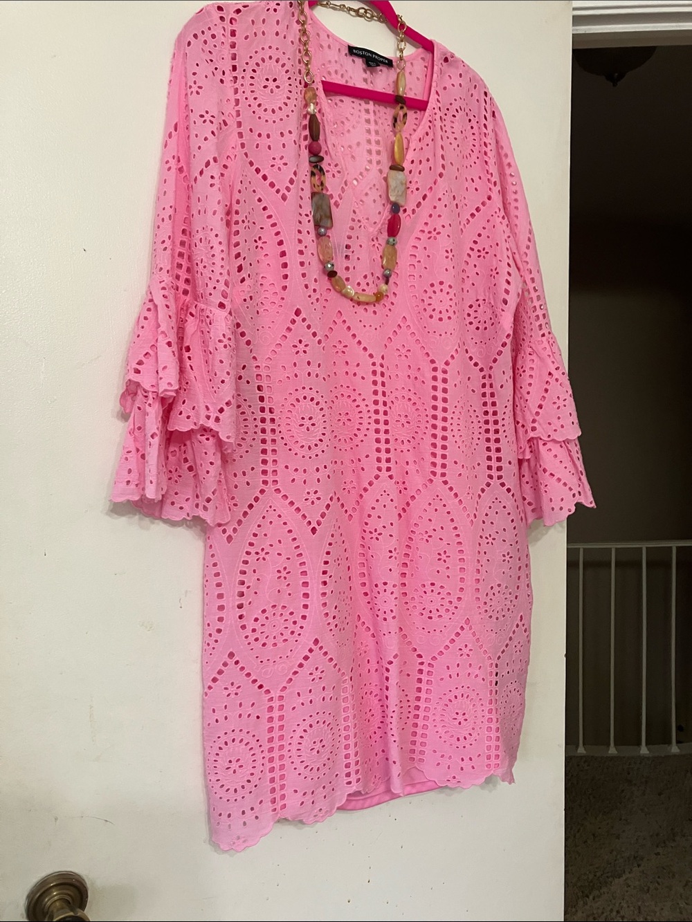 Boston Proper Pink Eyelet Midi Dress with Ruffle Sleeves